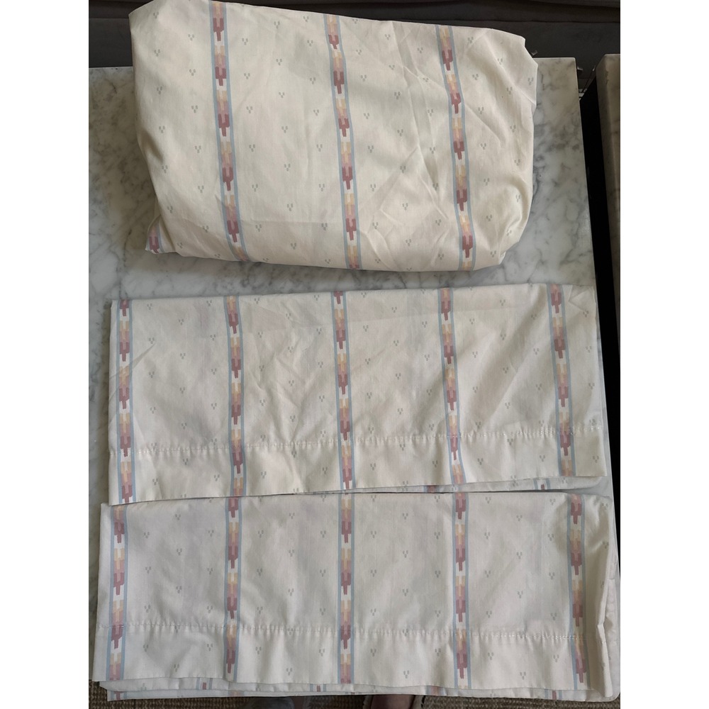 Vintage JCPenney Full Fitted Sheet 2 Pillowcases Geometric Stripe USA Made